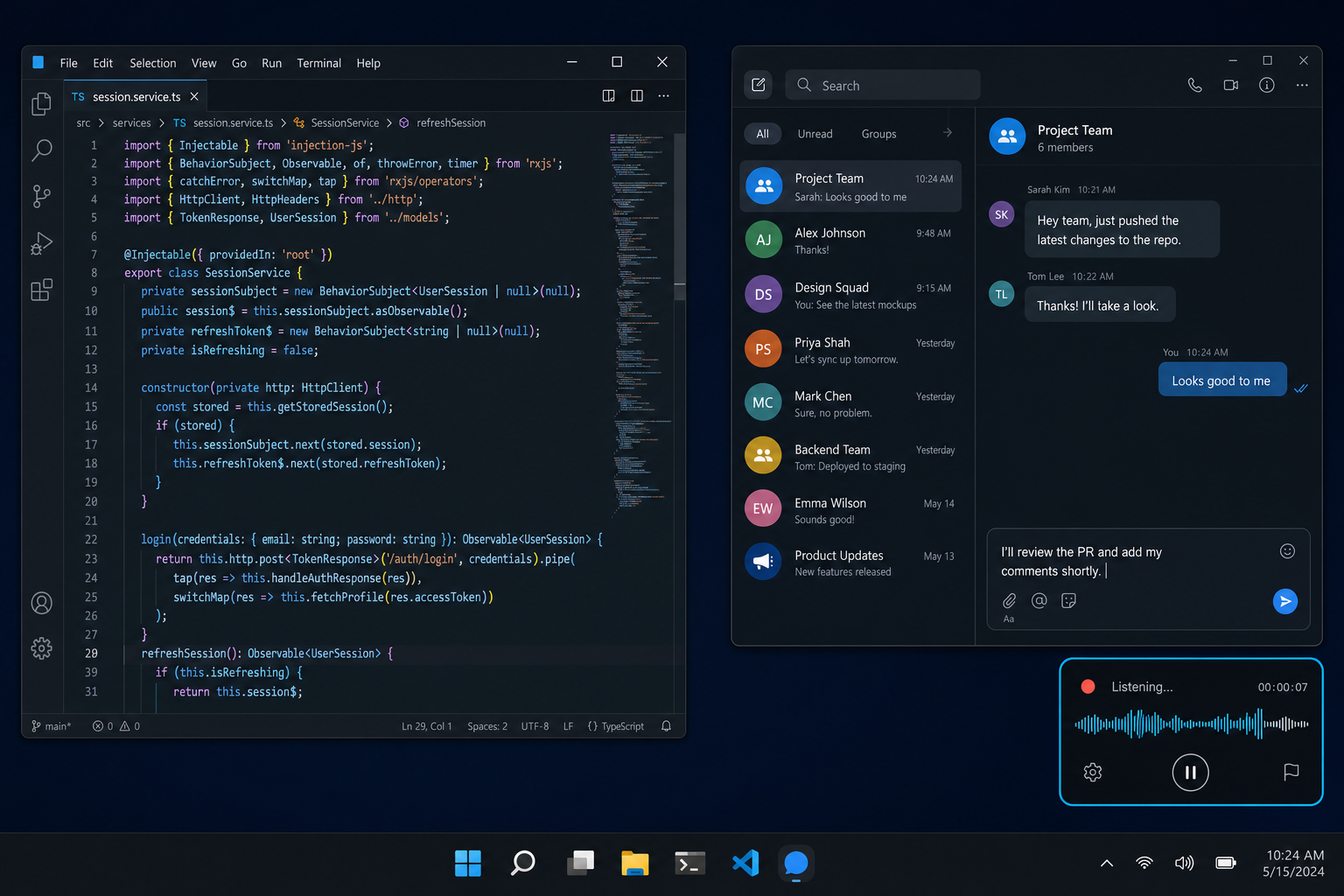 Глаголь работает одновременно в редакторе кода и мессенджере на одном экране Windows